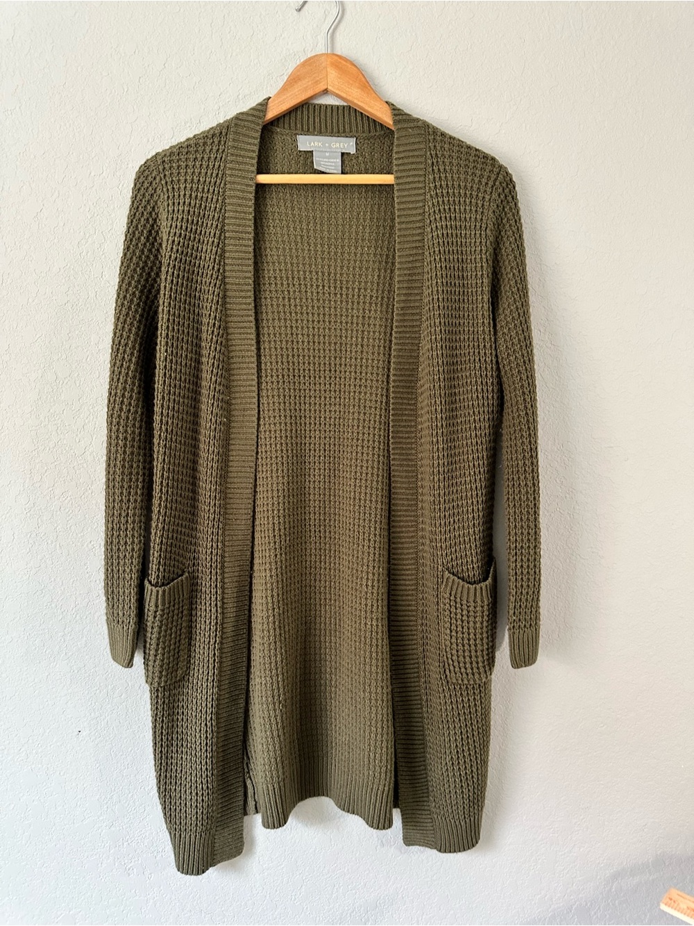 Lark & Grey Olive Open Waffle-Knit Long Cardigan with Pockets